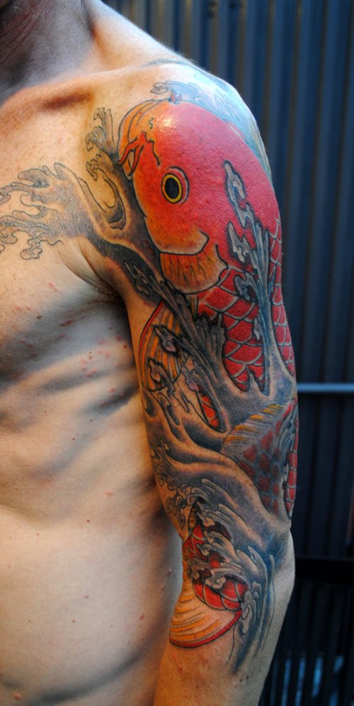 Man Left Sleeve Colored Carp Fish Tattoo